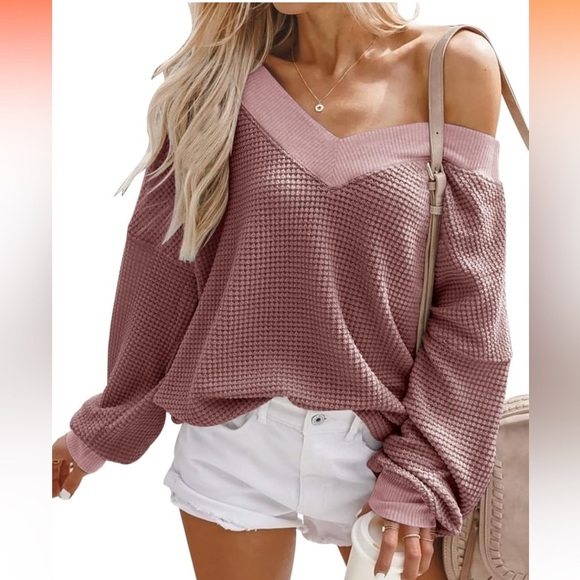NWOT Adreamly Women's Long Sleeve Waffle Knit Off Shoulder Pullover Sweater - Picture 1 of 7
